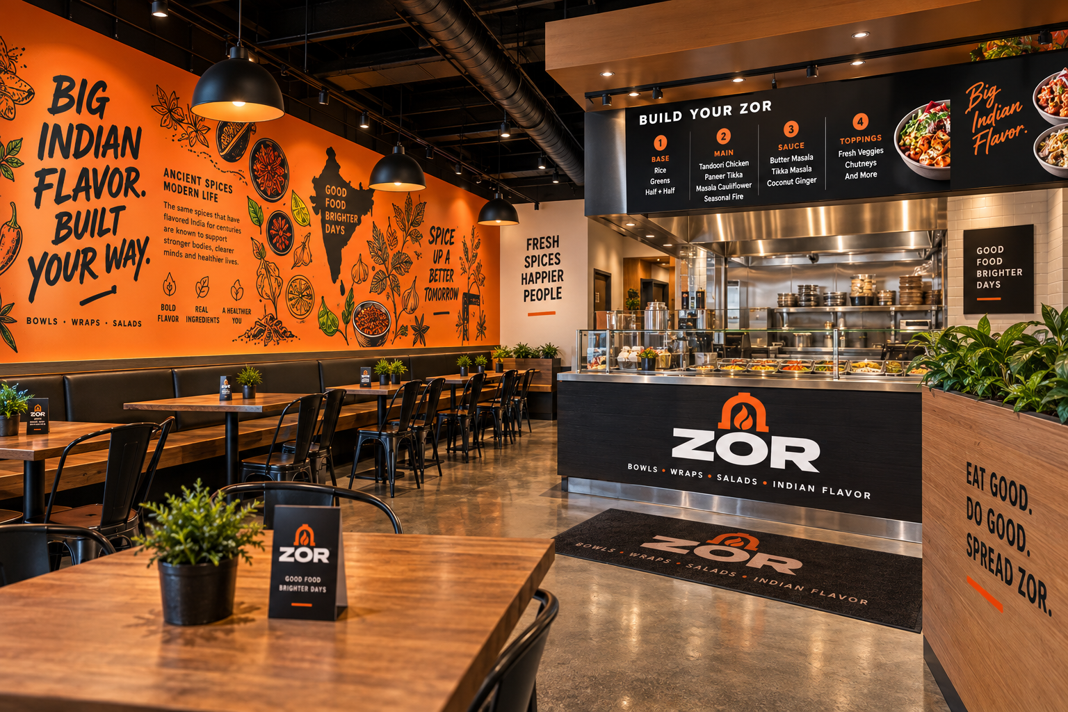 Inside a ZOR restaurant dining room